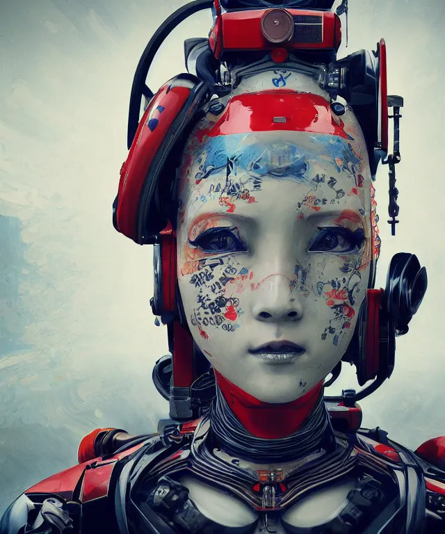 Image similar to an epic fantastic realism comic book style portrait painting of a japanese robotic geisha with kanji tattoos and decals, apex legends, octane render, intricate detail, 4 k hd, unreal engine 5, ex machina, irobot