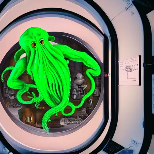 Image similar to scientists watching a clone of cthulhu in culture capsule, bio chemical, hyperealistic, detailed photography, divinity, awful, sci - fi, green light