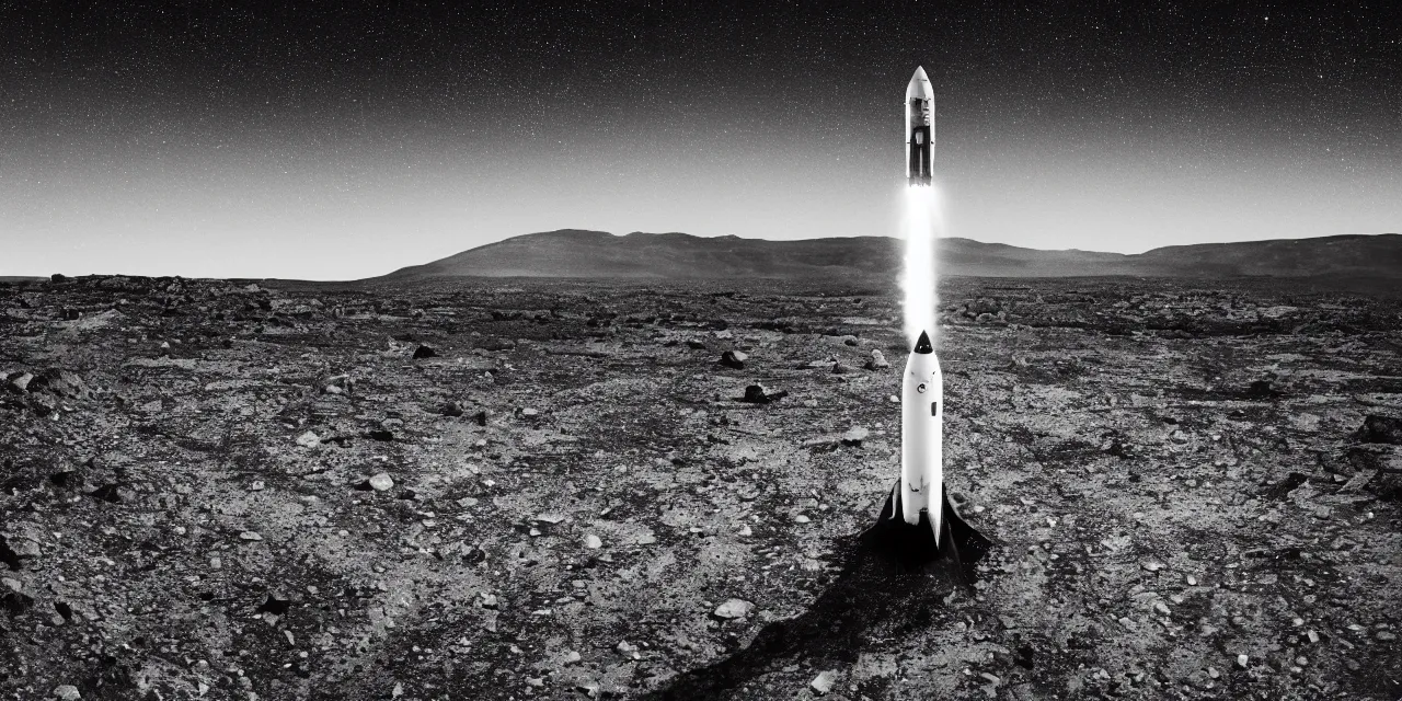 Image similar to 1 7 mm, black and white photo of a rocket landing on bright mars, black background with stars, cinematic film still, high contrast, astrophotography, 4 k