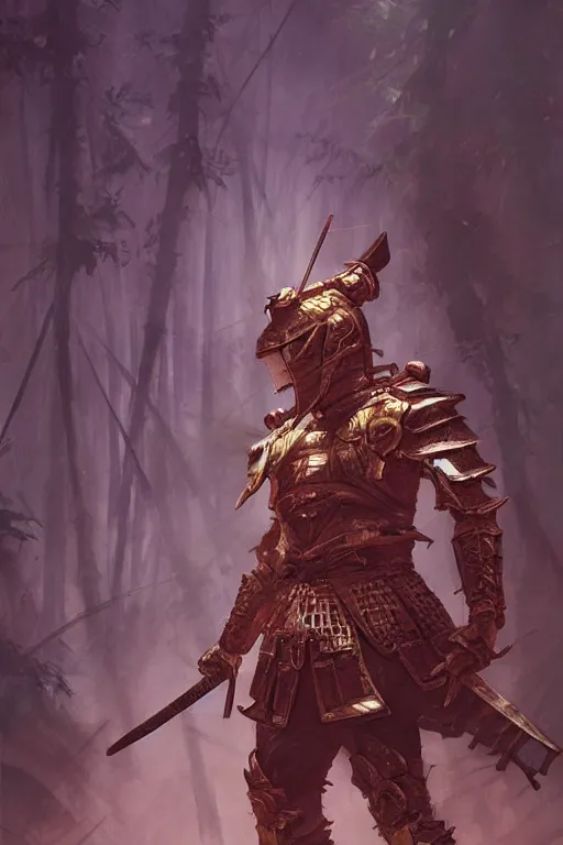 Image similar to a warrior in an epic samurai armor in dark japanese bamboo forest with light shafts, by jesper ejsing and maciej kuciara