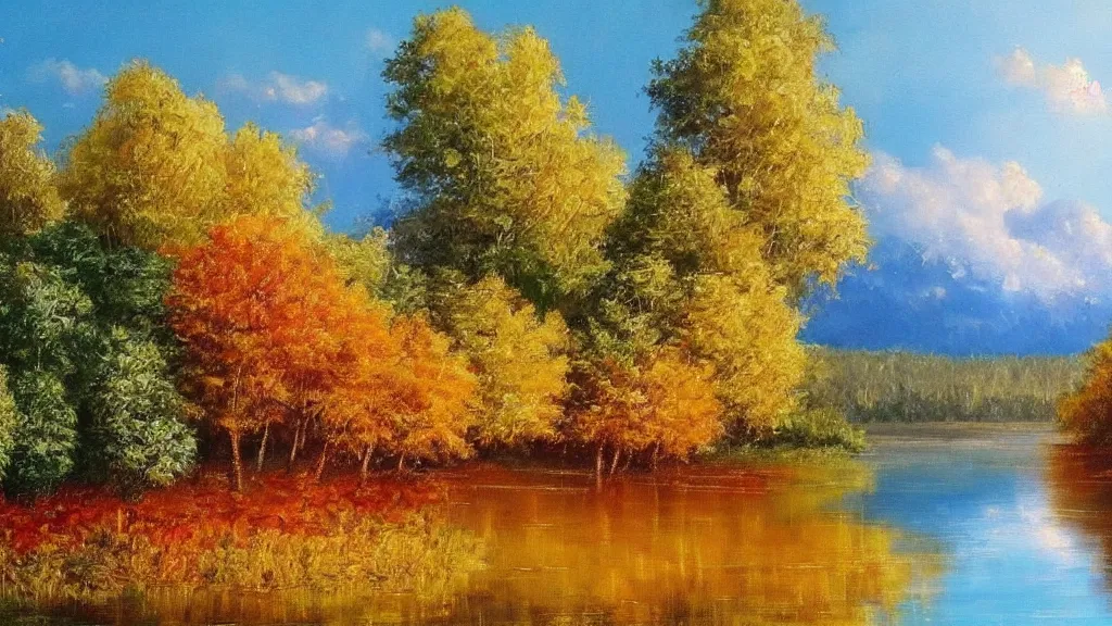 Image similar to beautiful panoramic landscape, oil painting, trees surrounding the reflective waters of a lake, gentle cloud cover and the sunbeams are falling through the gaps, the trees around have leaves the color of autumn,, by bob ross