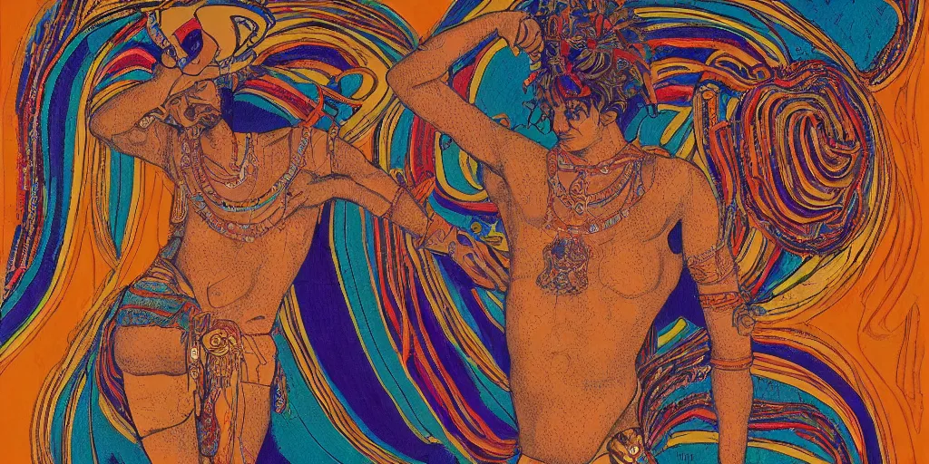 Image similar to an abstract spiritual background, a punk greek god dancing, clear eyes. 2 4 mm, photorealistic, muted color scheme, directed by mati klarwein