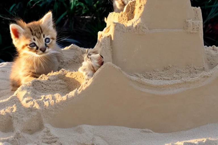 Image similar to kittens touching a sand castle