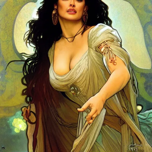 Image similar to salma hayek portrait by alfons mucha, playful, fantasy, medieval, beautiful face, perfect detailed eyes, vivid colrs, elegant, concept art, sharp focus, digital art, hyper - realistic, 4 k, unreal engine, highly detailed, hd, dramatic lighting by brom, trending on artstation, holy halo