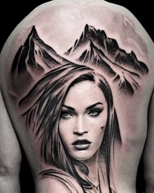 Image similar to double exposure effect tattoo sketch of a megan fox faded with a beautiful mountain scenery, surreal, in the style of matteo pasqualin, amazing detail, sharp