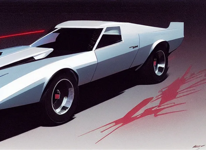 Image similar to syd mead concept art, raplh mcquarrie. mach 5 speed racer, kitt 1 9 8 2 pontiac trans am. style blade runner 2 0 4 9, retro, retro futurist. concept art by syd mead and star wars