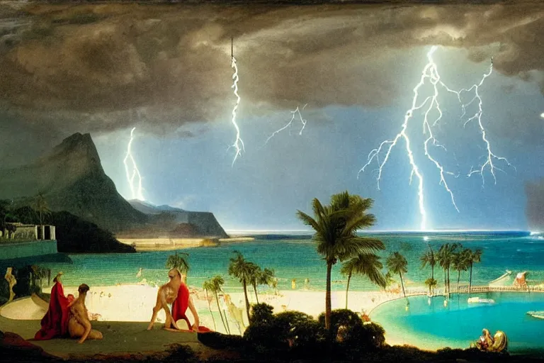 Image similar to From inside of the palace, refracted lightnings on the ocean, thunderstorm, greek pool, beach and Tropical vegetation on the background major arcana sky and occult symbols, by paul delaroche, hyperrealistic 4k uhd, award-winning, very detailed paradise