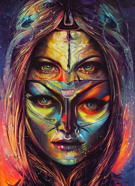 Image similar to enlightened cult psychic woman, symmetrical painted face, third eye, energetic consciousness psychedelic scene, epic surrealism expressionism symbolism, story telling, iconic, dark robed, oil painting, dark myth mythos, by Sandra Chevrier , Bruce Pennington, masterpiece