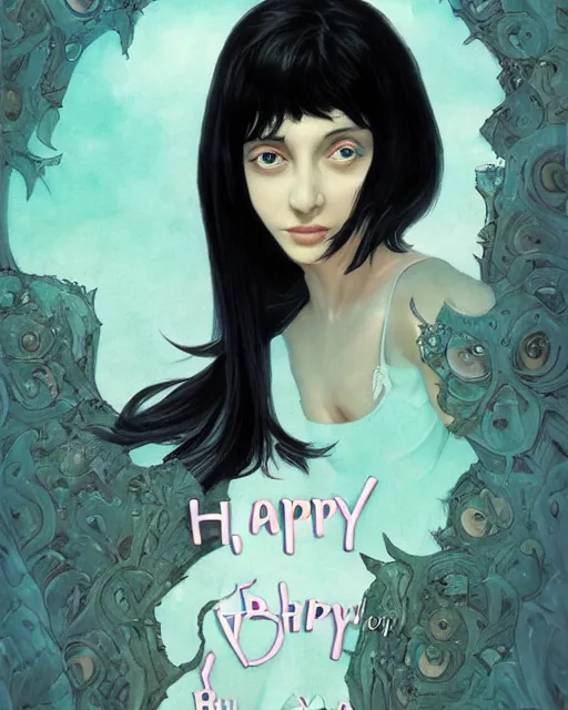 Prompt: happy birthday black haired girl, book cover by Neil Gaiman, trending on artstation, 8k, highly detailed