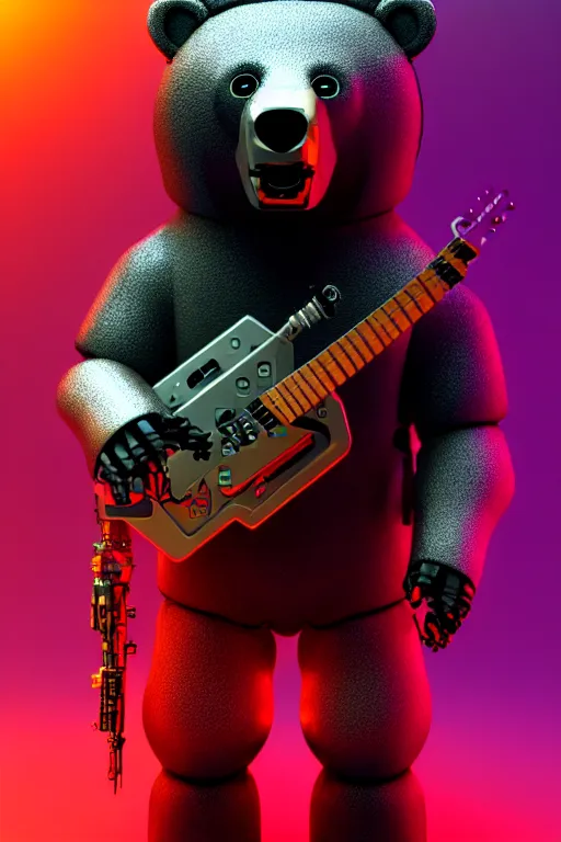 Image similar to high quality 3 d render cyborg bear! plays a cyberpun guitar, cyberpunk highly detailed, unreal engine cinematic smooth, in the style of blade runner, hannah yata charlie immer, moody light, low angle, uhd 8 k, sharp focus