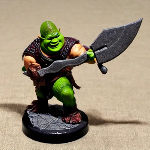 Prompt: a dungeons and dragons miniature of shrek wielding an axe, onlooking players are horrified