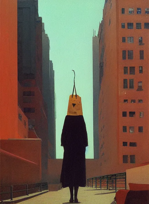 Image similar to woman dressed in paper bags, paper bags over the head on megapolis street, tall buildings, Edward Hopper and James Gilleard, Zdzislaw Beksinski, highly detailed