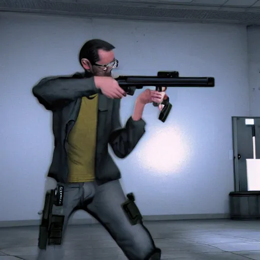 Image similar to gordon freeman vs james bond photorealistic gun fight in an abandoned hospital halflife goldeneye