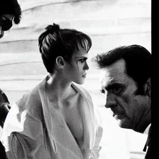 Image similar to tony montana played by emma watson cutting of the head of alejandro sosa, a still from the movie directed by brian de palma, film, dramatic, bloody, oliver stone