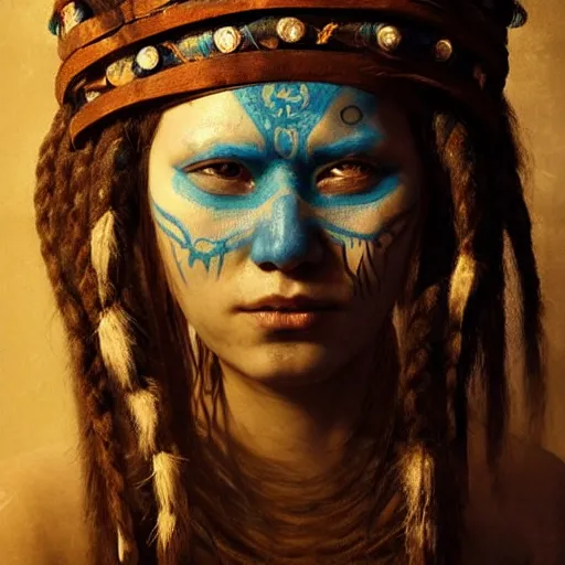 Image similar to A young blindfolded shaman woman with a decorated headband, in the style of heilung, blue hair dreadlocks and wood on her head, atmospheric lighting, intricate detail, cgsociety, ambient light, dynamic lighting, made by karol bak