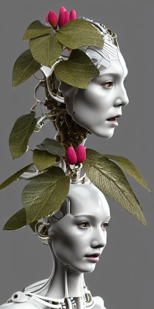 Image similar to complex 3d render ultra detailed of a beautiful porcelain profile woman face, mechanical vegetal cyborg, robotic parts, 150 mm, beautiful studio soft light, 3 point lighting, spot light, rim light, silver gold red details, luxurious, high tech gadget, cyberpunk, magnolia big filigran leaves and stems, roots, Alexander Mcqueen haute couture, fine foliage lace, mesh wire, filigran metallic intricate details, hyperrealistic, mandelbrot fractal, anatomical, silver metal armor, facial muscles, cable electric wires, microchip, elegant, white background, beautiful white teeth, octane render, H.R. Giger style, 8k