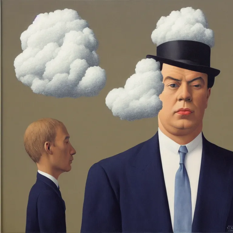 Image similar to portrait of a man in a suit, his head is a cloud, by rene magritte, detailed painting, hd, hq, high resolution, high detail, 4 k, 8 k