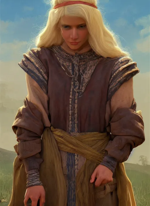 Image similar to blonde peasant woman, fantasy, medieval, vivid colors, fantasy, elegant, concept art, sharp focus, beautiful face!!, digital art, hyper - realistic, 4 k, unreal engine, highly detailed, hd, dramatic lighting by brom, trending on artstation