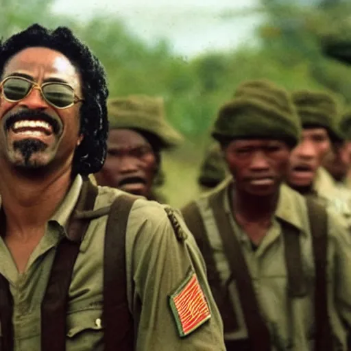 Prompt: black Robert Downey Jr as a soldier in Vietnam, award winning historical photograph