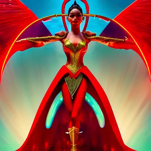 Image similar to pia wurtzbach as darna, wax figure, volumetric lights, red and cyan theme, art nouveau botanicals, intricate, highly detailed, digital painting, artstation, concept art, smooth, sharp focus, cinematic, illustration, beautiful face, art by artgerm and greg rutkowski and alphonse mucha