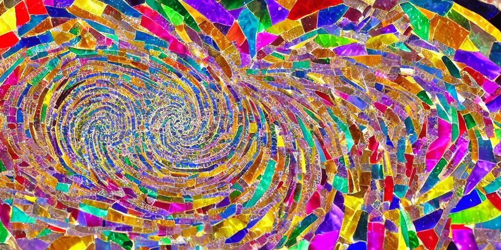 Image similar to beautiful colorful spiral-formed mosaic made out of diamonds, illuminated transparency, very detailed, beautiful colors, symmetrical arrangement, various surfaces, natural flow, complex patterns, ultrarealistic, unreal engine