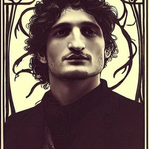 Image similar to louis garrel portrait by louis - theophile hingre and alphonse mucha, realistic, sharp focus, zodiac signs, tarot cards, planets, ethereal, art nouveau, magic, moon, sun, crown, dreamy, royal, jewellery