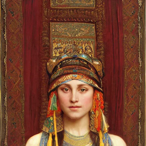 Prompt: orientalist portrait of an ornate mesopotamian headdress being worn by a woman standing in front of tapestry carpet intricate artwork by john william waterhouse and Edwin Longsden Long and Theodore Ralli and Henryk Siemiradzki. trending on artstation, very coherent symmetrical artwork high detail 8k