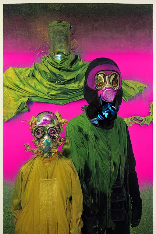 Prompt: two skinny old people wearing gas masks draped in gold, green and pink, inside a brutalist designed space ship , gothic, rich deep colours, painted by Francis bacon, Adrian ghenie, James jean and Petra cortright, part by (((Gerhard Richter))), part by Takato Yamamoto. 8k masterpiece