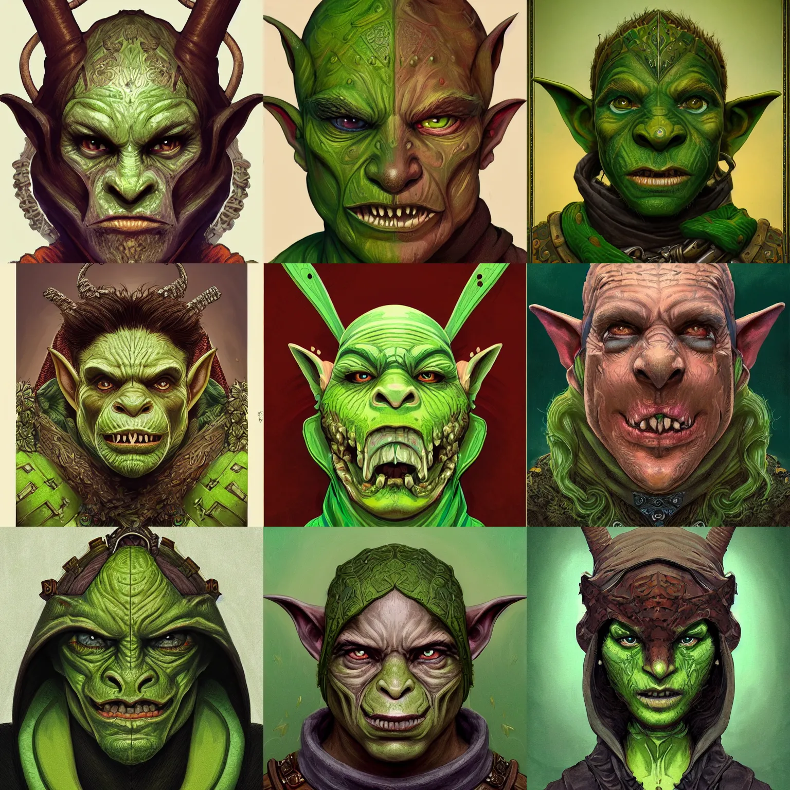 Prompt: head-on symmetrical centered painted portrait, D&D goblin rogue, green skin, leather armour, art nouveau, tarot card style, fantasy, intricate, elegant, highly detailed, smooth, sharp focus, illustration, artstation, in the style of Anna Podedworna and Alex Ross and Mucha