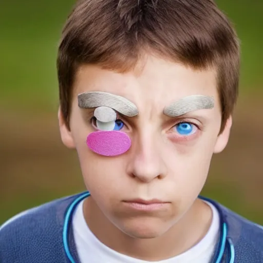 Image similar to serious looking 9 year old boy with googly eyes