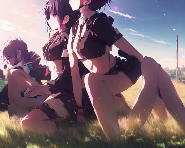 Prompt: the aftermath of a battle in a field anime key visual, official media, illustrated by wlop, extremely detailed, 8 k, trending on pixiv, cinematic lighting, beautiful