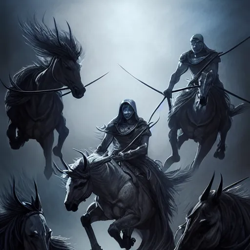 Image similar to concept art by artgerm, death of the four horsemen of the apocalypse, soft grey and blue natural light, intricate, queen of death riding, highly detailed dark art, digital painting, artstation, concept art, smooth, sharp focus, illustration, art by greg rutkowski and luis rollo and uang guangjian and gil elvgren, symmetry!