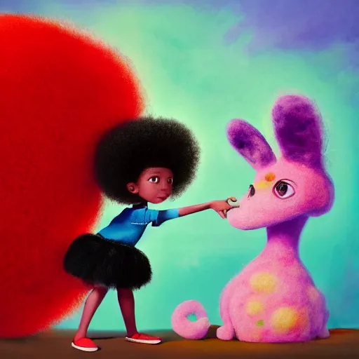 Image similar to a black princess girl with a colorful afro and big beautiful eyes playing with her furry pet, bright colours, watercolor, volumetric wool felting, macro photography, children illustration, by goro fujita