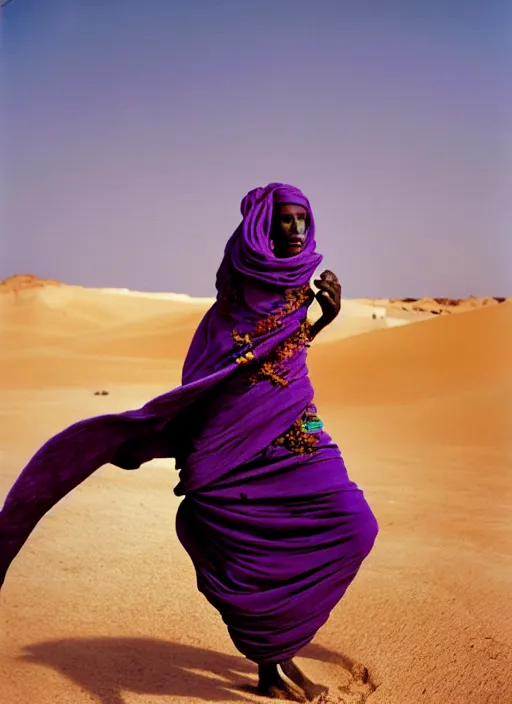 Prompt: flowers buds, full lenght flowing clothes like tornado a old tuareg nomad woman, many fabric, stones near foot, wind, stands on sand, full body shot, dark background, pastel purple colour scheme, masterpiece, photo by steve mccurry, vogue, artstation, moviestill, wide angle lens, sharp