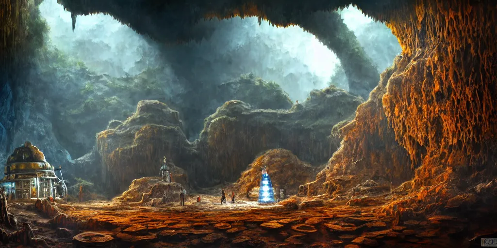 Image similar to a chrome bipdel conical drill visits a rusted cave mouth in the jungle, retrofuturistic, matte oil painting, speleothems, merchant tents, salt dunes, science fantasy, rpg, epic, extremely detailed, sharp focus, 4 k