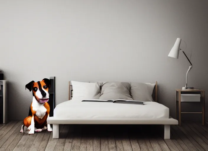 Image similar to photography of a Jack Russel . watching outside the window. on a bed. in a vintage room full of vinyls and posters.,volumetric light, photorealistic,, award winning photo, 100mm, sharp, high res