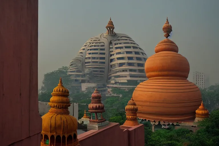 Image similar to gorgeous dreamscape! biomorphic new delhi, hanuman!! head building, kalighat, octane highly detailed cinematic, stephen shore & john j. park, soft morning light, wide shot, high angle, uhd 8 k, deep focus