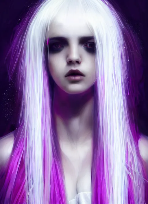 Image similar to hair whitebangs hair, black cyberlox, portrait of teenage girl with white bangs, whitebangsblackhair, messy bangs, cyberlox, whitebangs, red irises, purple clothes, intricate, elegant, glowing lights, highly detailed, digital painting, artstation, concept art, sharp focus, illustration, art by wlop, mars ravelo and greg rutkowski