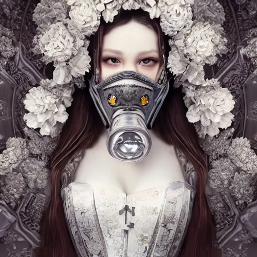 Image similar to A masterpiece ultrarealistic ultradetailed portrait of a Incredibly beautiful angel armored princess knight IN INCREDIBLE ceramic GAS MASK WITH FLOWERS and swarovski crystals. baroque renaissance. in the forest. White amazing corset. medium shot, intricate, elegant, highly detailed. trending on artstation, digital art, by Stanley Artgerm Lau, WLOP, Rossdraws, James Jean, Andrei Riabovitchev, Marc Simonetti, Yoshitaka Amano. background by James Jean and Gustav Klimt, light by Julie Bell, 4k, porcelain skin. BY ZDIZISLAW BEKSINSKI Cinematic concept art