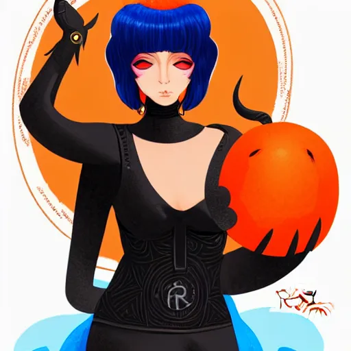 Image similar to illustrated portrait of ram-horned devil woman with blue bob hairstyle and her tangerine colored skin and with solid black eyes wearing leather by rossdraws