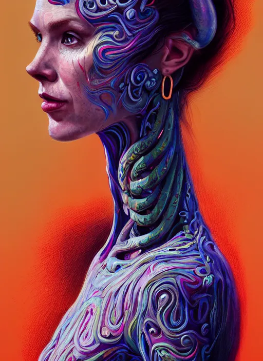 Image similar to portrait of catriona balfe as a long - neck woman with neck rings, hyper detailed ultra sharp trending on artstation, warpaint aesthetic, colorful, psychedelic, ornate, intricate, digital painting, concept art, smooth, sharp focus, illustration, art by artgerm and greg rutkowski and h. r. giger, 8 k