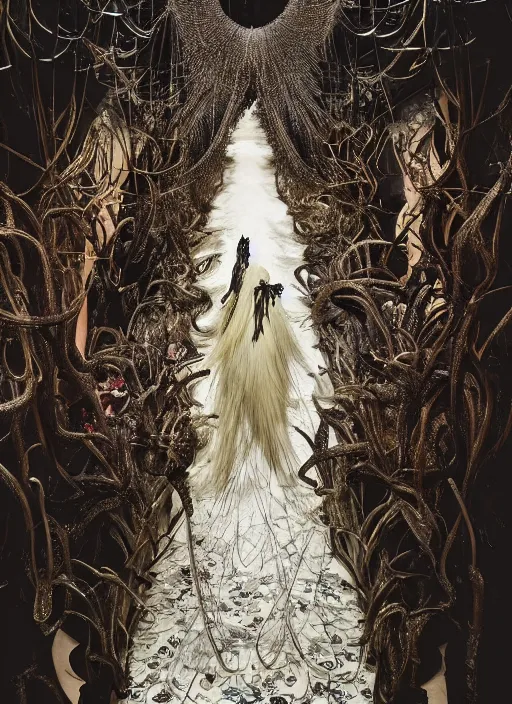 Image similar to walking down the catwalk, tim walker, show, stage, vogue photo, podium, fashion show photo, historical baroque dress dark, iris van herpen, beautiful woman, masterpiece, intricate, biopunk, vogue, full body shot, plant predator, guyver, highly detailed