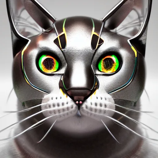 Prompt: chrome cat, glossy, metallic, neon, symmetrical, tribal patterns, realistic, unreal engine, octane, redshift, artstation, behance