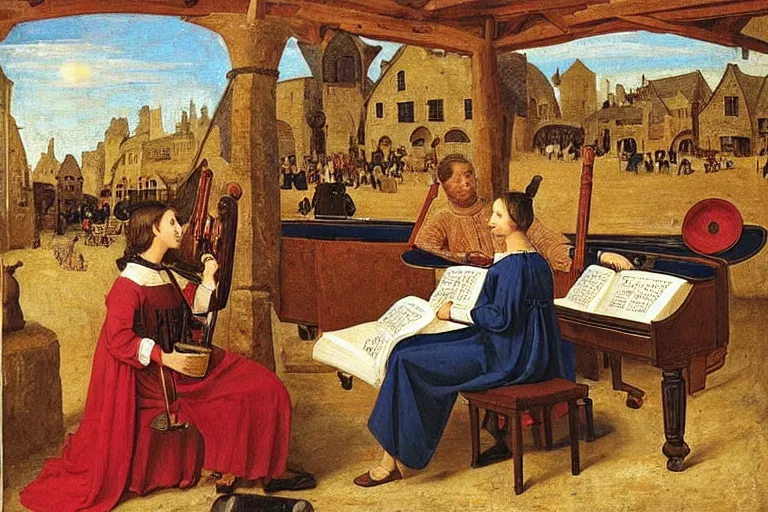 Image similar to a recorder player and a grand piano player on the marketplace, medieval time, masterpiece