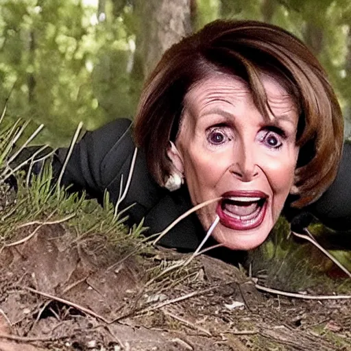 Prompt: Nancy Pelosi crawling after you, trailcam footage