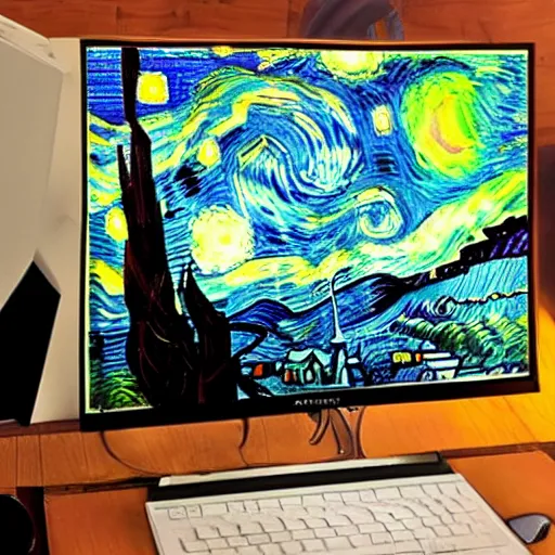 Image similar to desk with laptop and monitor in the style of van gogh