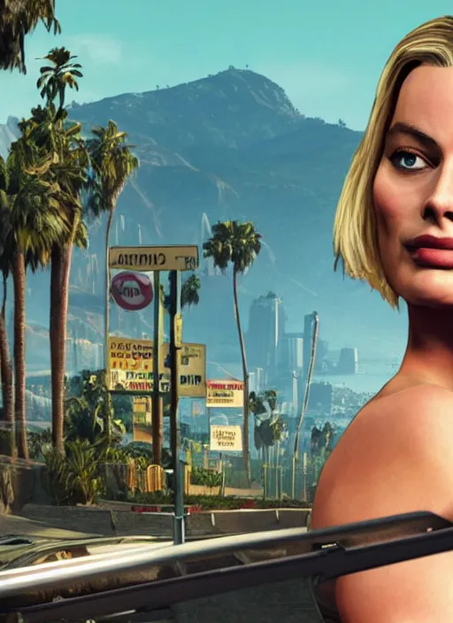 Image similar to margot robbie on gta v game poster, highly detailed