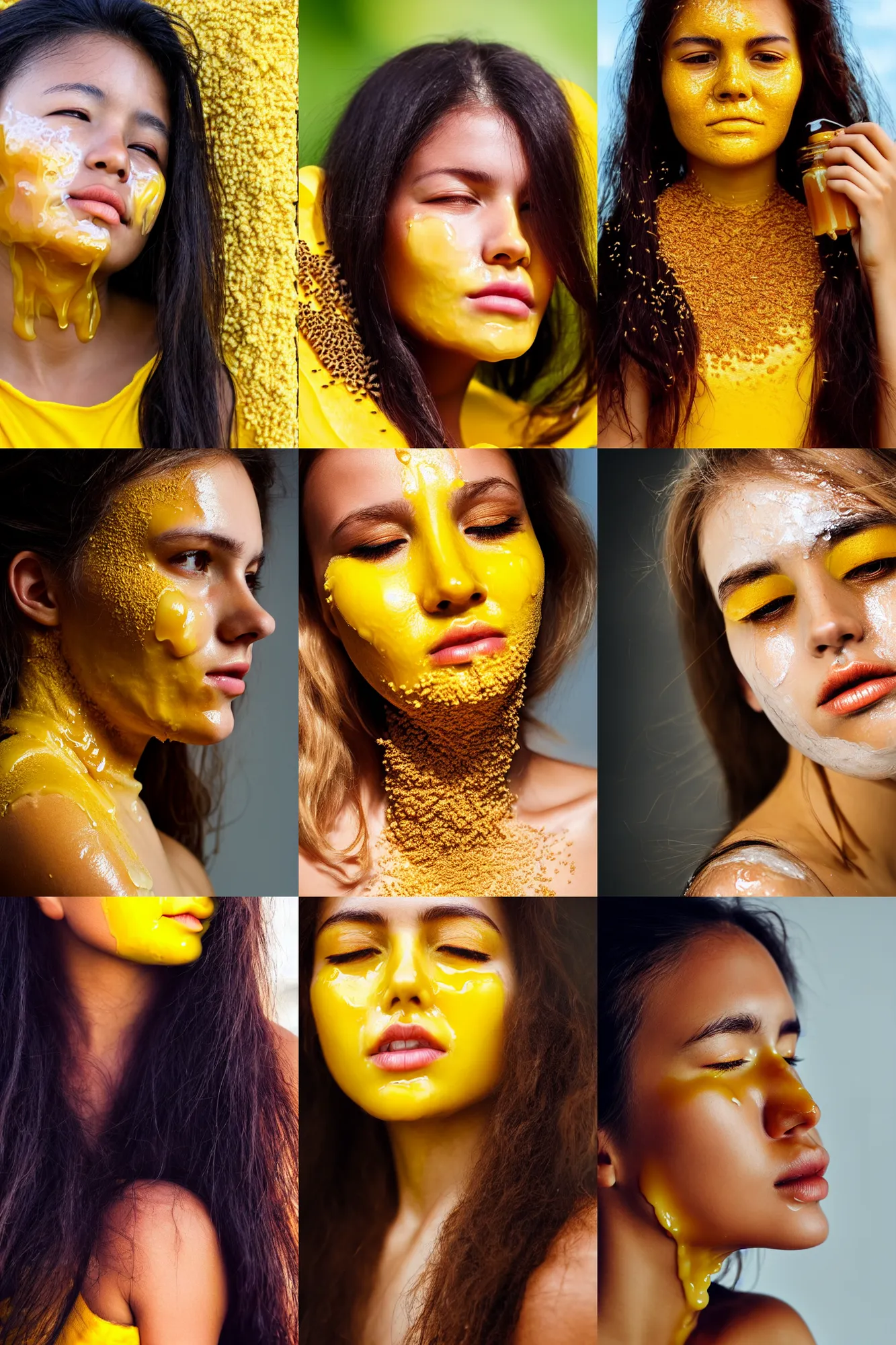 Image similar to The face of a beautiful girl with honey dripping down her face with bees clinging to it. yellow and dark shades. Close-up portrait in profile