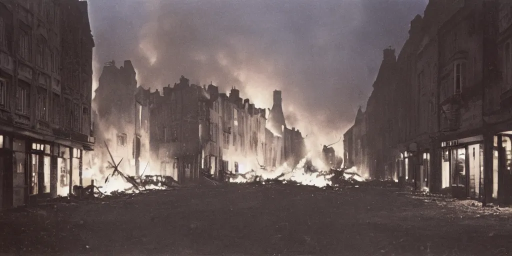 Image similar to a colour photo taken at night of saint - malo street on fire after a bombing in 1 9 4 5