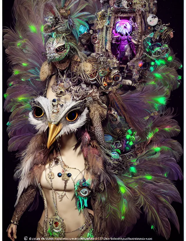 Image similar to 3 d goddess wide angle portrait with feathers, fur, and bones. beautiful intricately detailed avante garde kookaburra mask and retrowave sorceress outfit. lizard, reflective chitin, optical mineralogy, mycelium, mushrooms, plasma, creature, artwork by tooth wu and android jones wlop and android jones and beeple and greg rutkowski